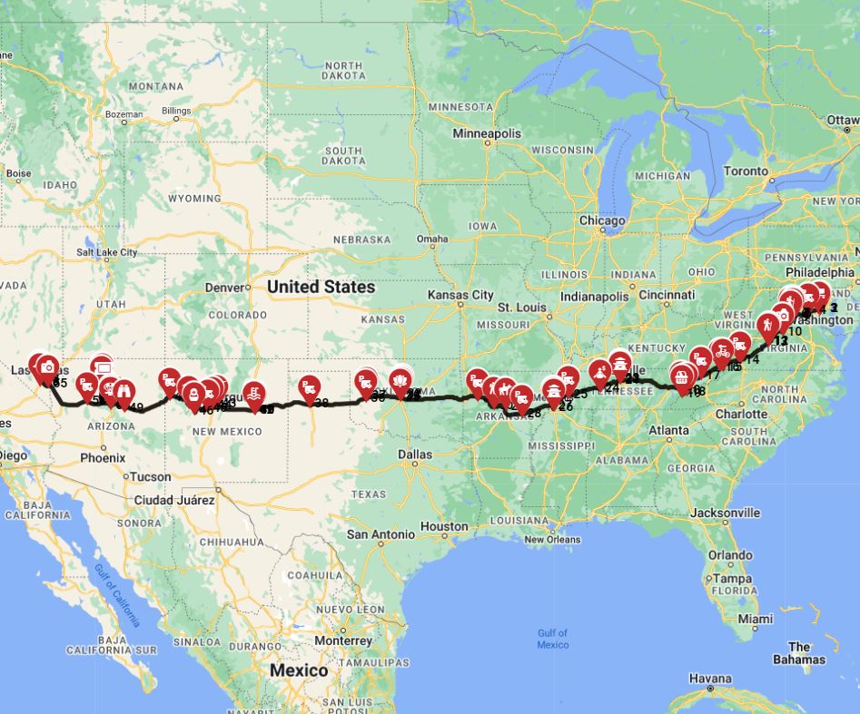 RV route  coast to coast-to-coast road trip from Washington DC to Los Angeles